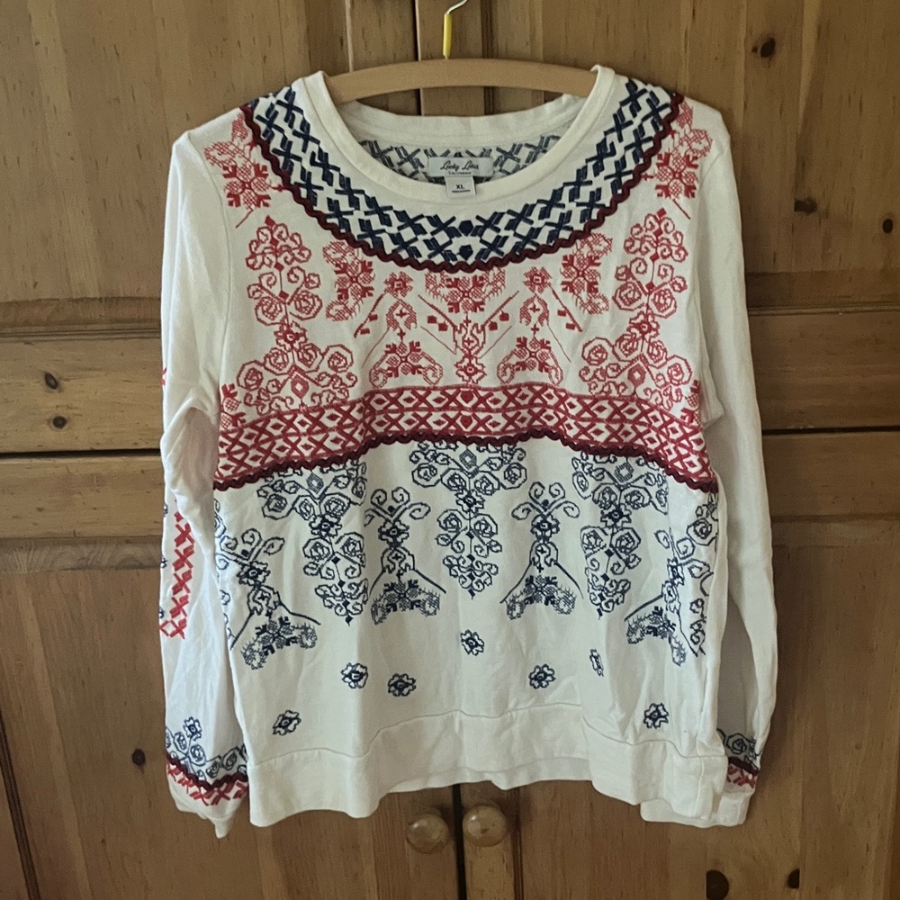 Zara White Sweatshirt with Red and Blue Patterns